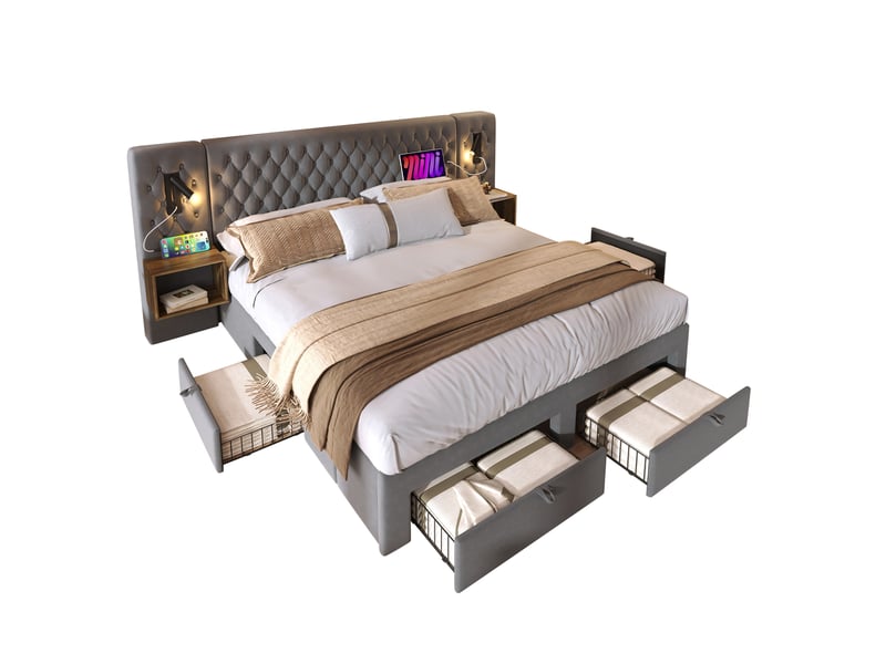  Lit complet 180x200 cm en velours avec 2 chevets intégrés, 4 tiroirs de rangement, lampes de lecture usb-c et sommier à lattes - gris (sans matelas)  - Conforama A