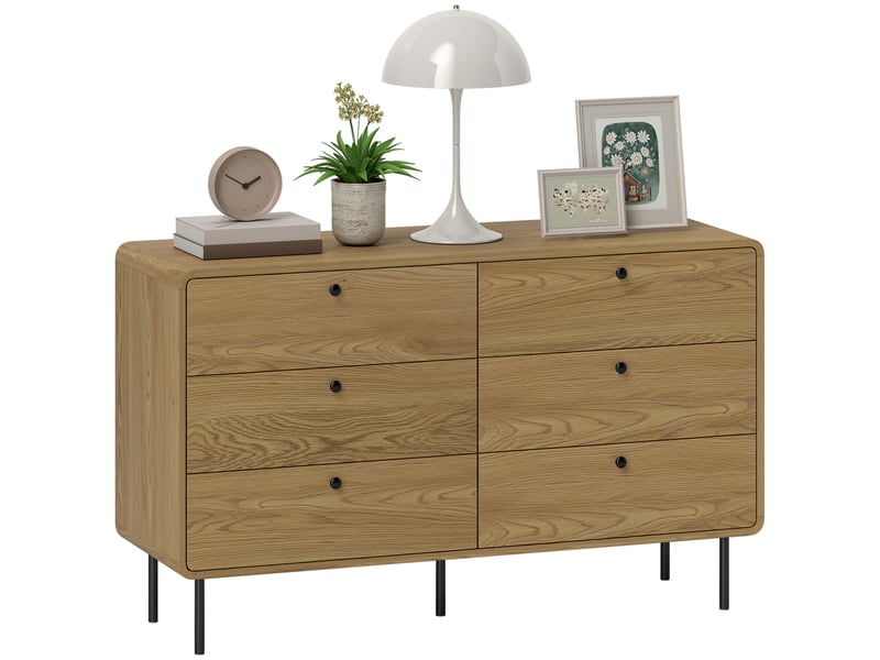  Commode 6 tiroirs meuble de rangement style moderne coins arrondis et pieds en acier 120 x 40 x 75cm effet bois de chêne  - Conforama A