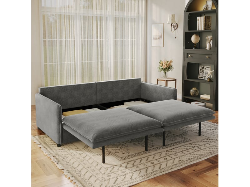 Canapé convertible 3 places avec coffre de rangement, dossier réglable et coussins mobiles en chenille gris clair - Conforama E