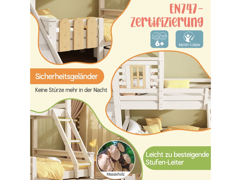  Lit superposé 90x200 et 140x200 cabane avec toboggan, lit avec sommier à lattes, bois massif, blanc et naturel  - Conforama E