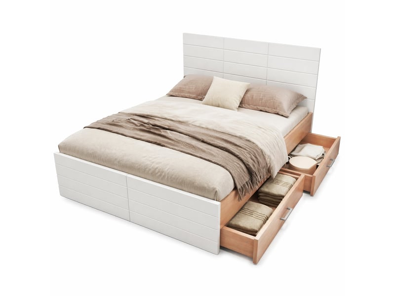 Lit double 200×140 cm avec 2 tiroirs repositionnables, sommier à lattes, sans matelas, en bois massif et mdf blanc et chêne clair  - Conforama A