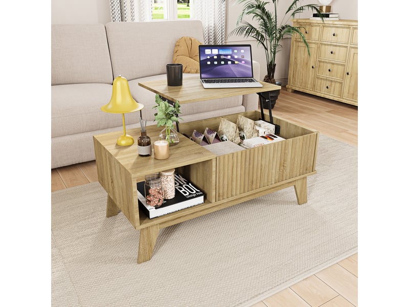  Table basse avec plateau relevable,table de salon moderne,mdf,rangement caché,95 x 48 x 42 cm,couleur bois naturel  - Conforama W
