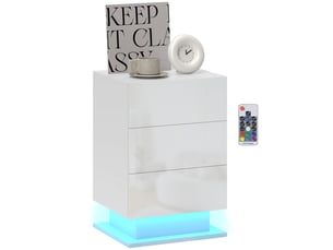 Table de chevet moderne avec éclairage led réglable et télécommande, 3 tiroirs, 40 x 35 x 60 cm, blanc brillant