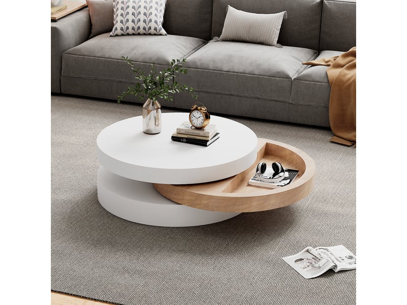  Table basse pivotante 360° table de salon ronde 3 niveaux avec rangement caché extensible 88 cm blanc et bois  - Conforama W