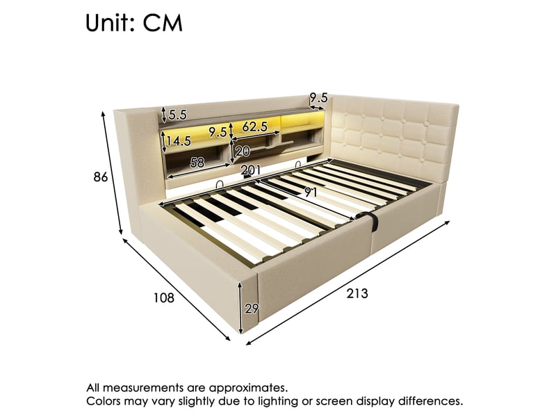  Lit coffre, lit enfant 90x200 cm, rangement hydraulique, led, sommier à lattes, matelas inclus, lin beige  - Conforama C
