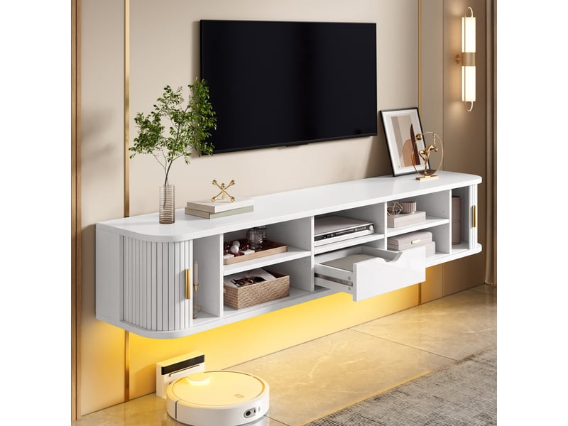  Meuble tv suspendu noir 175 cm led mdf meuble tv blanc - Conforama D