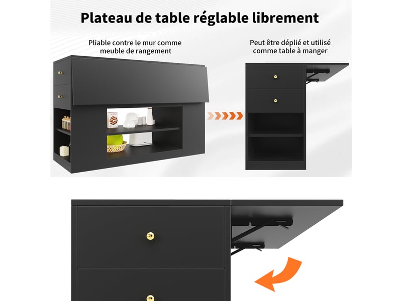  Îlot de cuisine 140x40x90 cm avec plateau rabattable pour coin repas, rangement avec tiroirs et tablettes, mdf, noir  - Conforama E