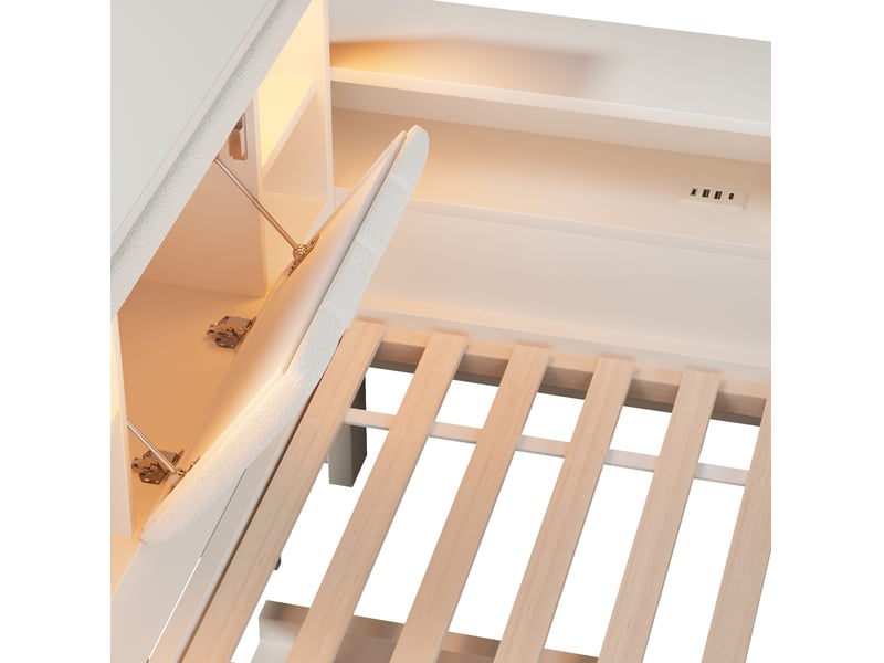  Lit gigogne 140x200 cm avec éclairage de lecture et rangements, bois, blanc, sans matelas  - Conforama E