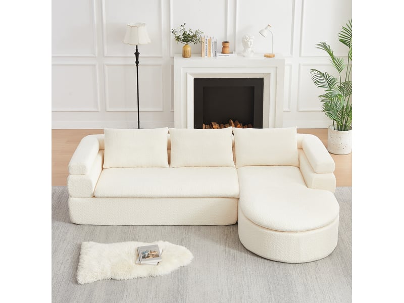 Canapé d'angle 3 places avec méridienne arrondie et coussins de dossier, en chenille beige crème, 260 × 170 × 65 cm - Conforama B