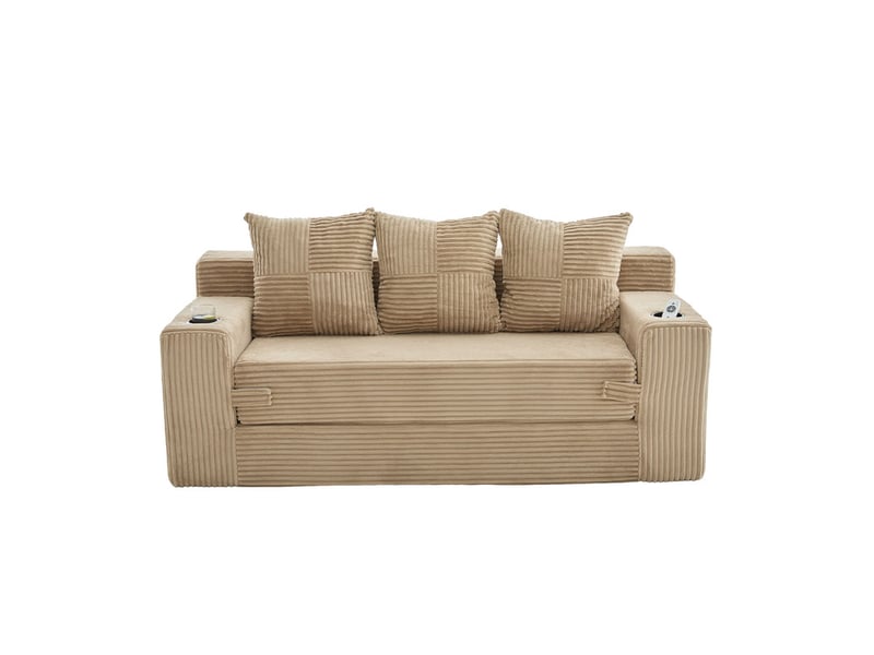  Canape droit 3 places, sans structure rigide en velours côtelé, porte-gobelets et poches, 172 × 87 × 64 cm, kaki  - Conforama A