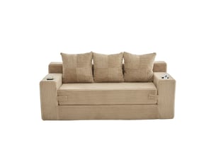 Canape droit 3 places, sans structure rigide en velours côtelé, porte-gobelets et poches, 172 × 87 × 64 cm, kaki
