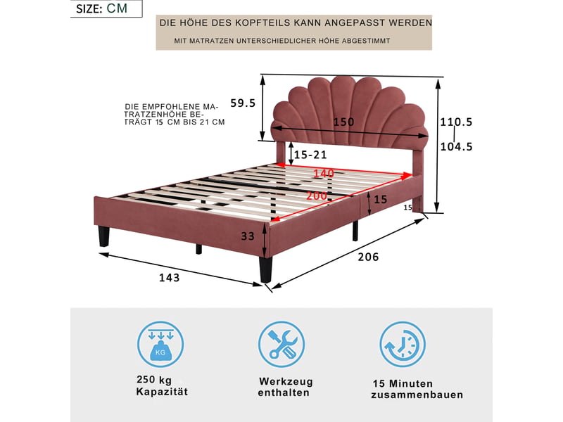  Lit double 140 x 200 cm en velours avec tête de lit fleurie et sommier à lattes, rouge  - Conforama C