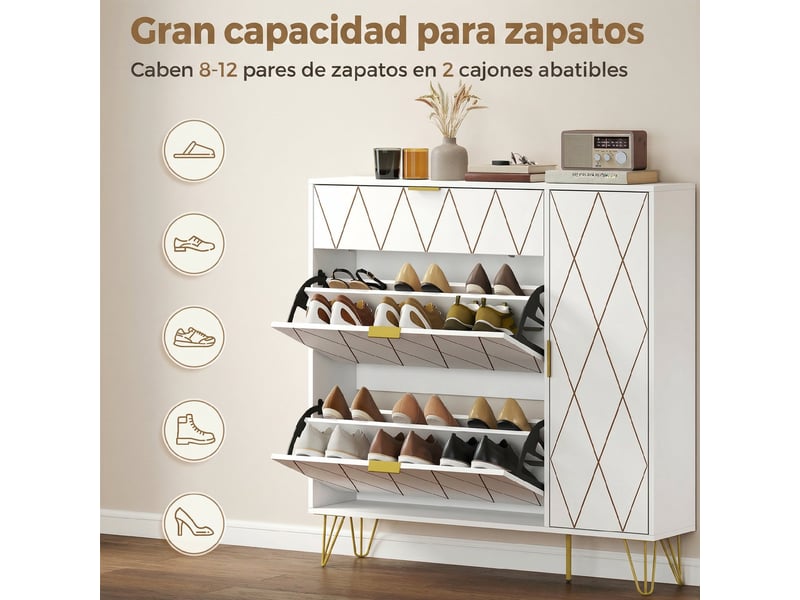 Meuble à chaussures moderne avec 2 tiroirs abattants et étagères réglables pour 10 à 14 paires de chaussures, blanc  - Conforama E