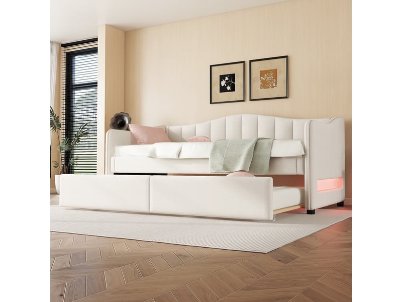  Lit gigogne 90x200 cm - lit simple avec lit tiroir et sommier - lin + mdf - sans matelas - beige  - Conforama D