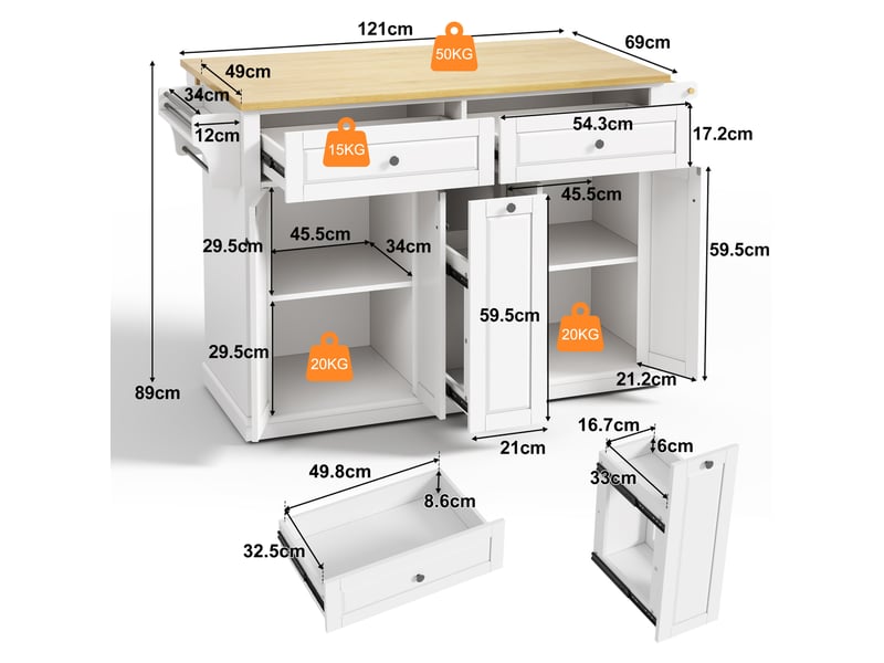 Desserte de cuisine mobile 121 x 49 à 69 x 89 cm avec plateau rabattable, rangements et roulettes verrouillables - Conforama C