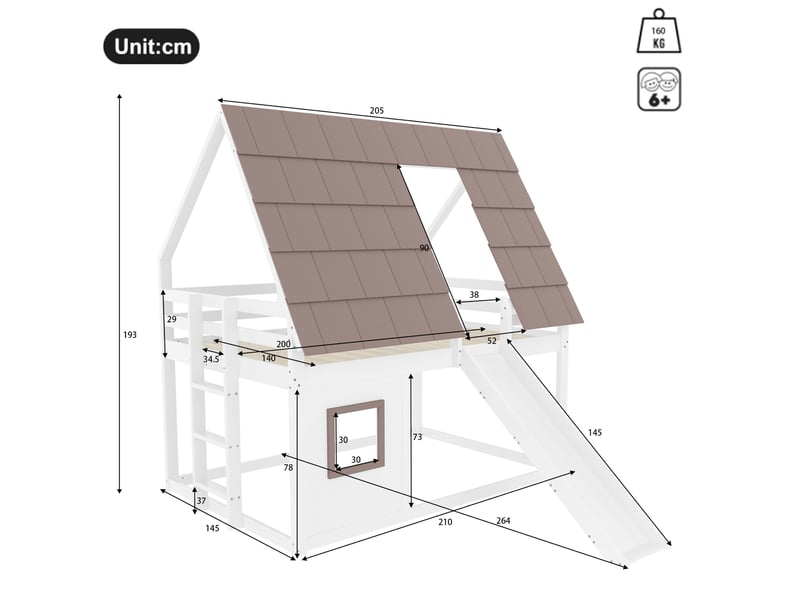  Lit superposé tcqpz maison avec toit, échelle et toboggan 140 x 200 cm bois de pin mdf blanc et marron  - Conforama C