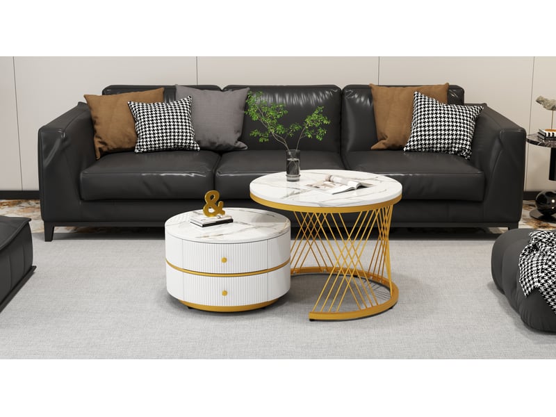  Table basse gigogne 2 pièces 60x60x46 cm et 50x50x30,8 cm blanche mdf effet marbre brillant avec 2 tiroirs et charge 30 kg evarich - Conforama E