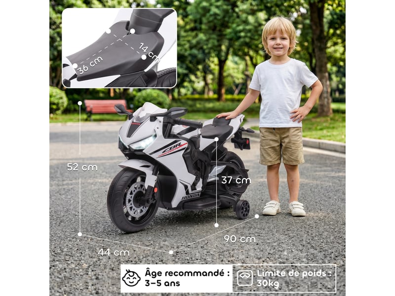 Moto électrique enfants sous licence honda 6 v, 3 kmh, musique & lumière, 2 roues d'entraînement, blanc - Conforama E