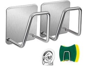 2 pièces porte eponge evier cuisine, 304 inox eponge evier auto adhésif, support pour éponge crochet pour éponge à vaisselle argent éponge, gris