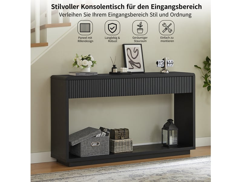  Console avec 2 tiroirs et 1 niche ouverte, façades rainurées, pour entrée et salon, en panneaux, noir, 150 × 35 × 85 cm  - Conforama E