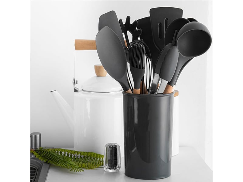 Set de 12 ustensiles de cuisine en silicone et bois avec support chicfurn - Conforama D