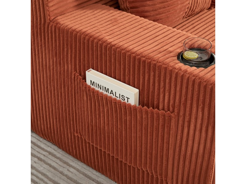 Canapé modulable 2 places orange en velours côtelé avec rangement latéral et portes-gobelets - Conforama R