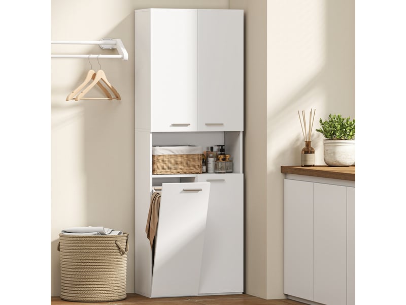  Meuble de salle de bain de 174 cm de haut avec panier à linge pliable et portes à fermeture amortie, blanc  - Conforama D