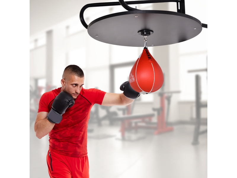  Punching ball poire de vitesse boxe avec support plateau tournant + pompe en bois hauteur réglable acier revêtement synthétique rouge noir  - Conforama C