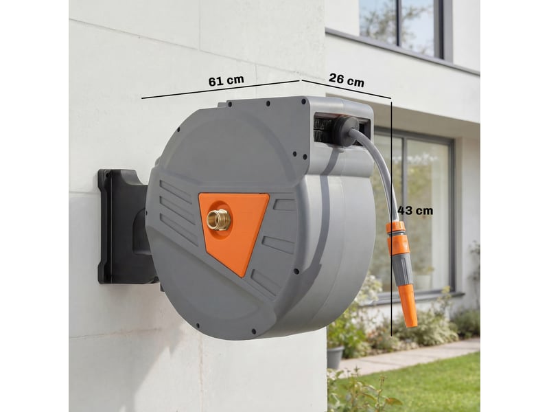  Dévidoir mural enrouleur automatique pivotant 180° tuyau 40 + 2 m avec lance arrosage 2 modes support mural intégré orange gris  - Conforama C
