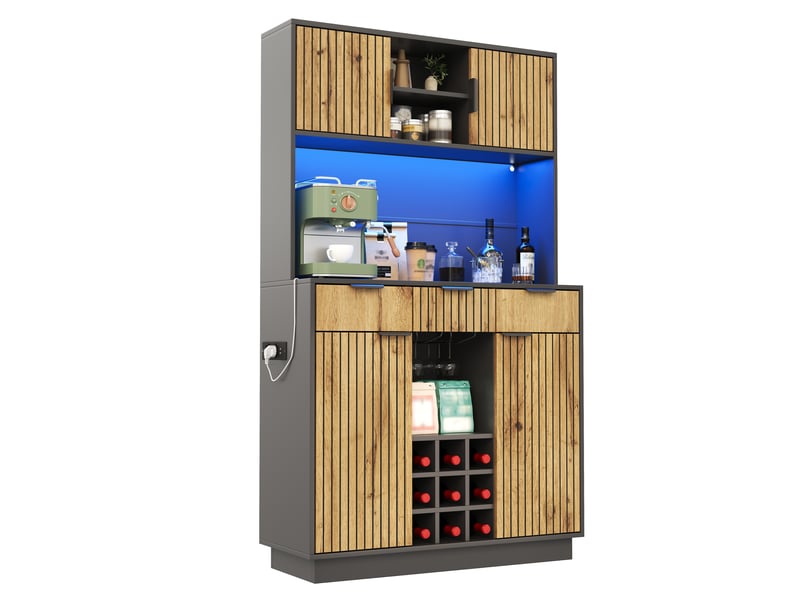 Buffet haut de cuisine 105x40x180 cm avec led rgb, 2 prises, 2 usb, 3 tiroirs, casier à vin, porte-verres, étagères réglables, noir et bois naturel  - Conforama A