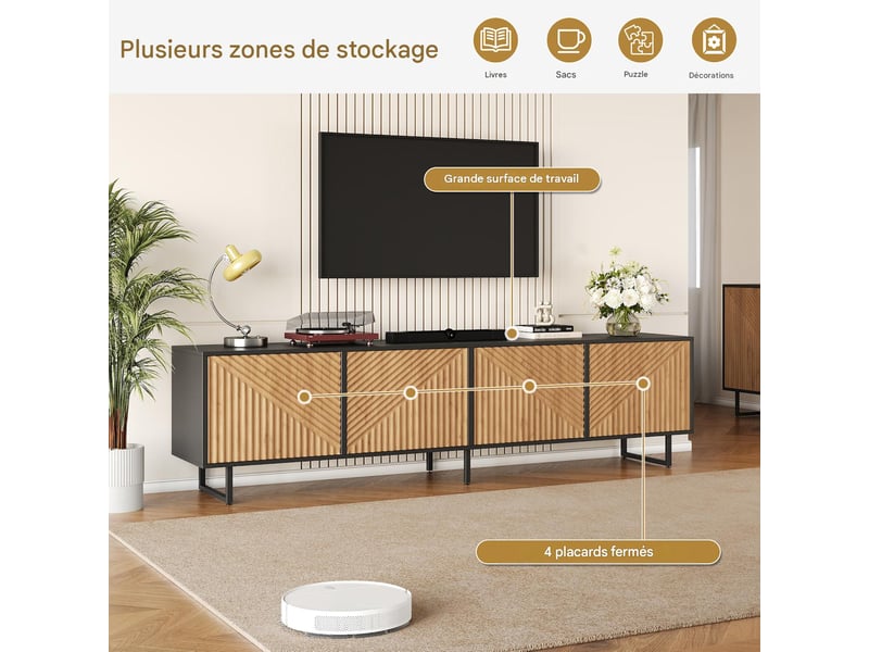  Meuble tv 4 portes en panneau de particules bois naturel et noir 180x40x50 cm - pangivo  - Conforama E