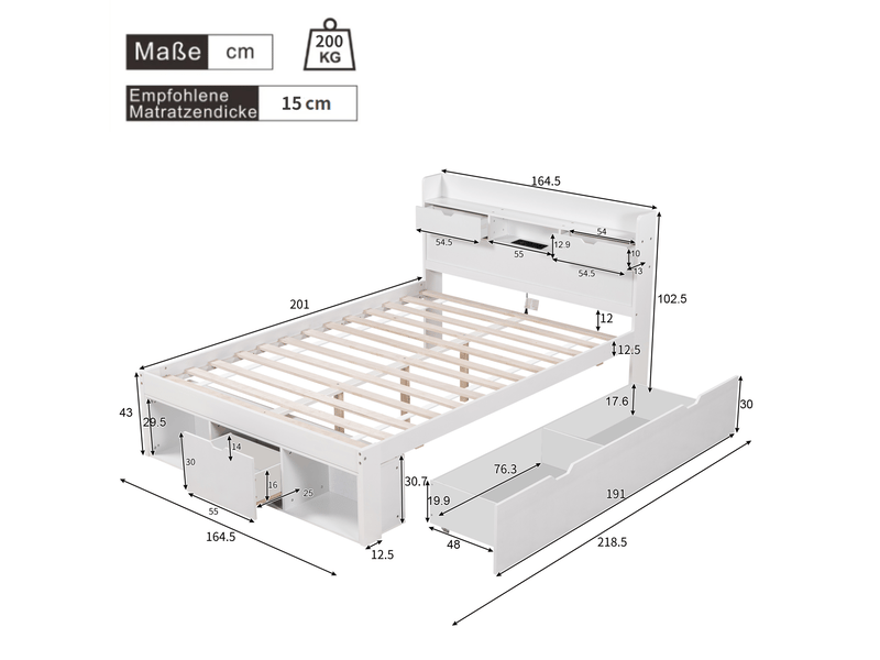  Lit enfant et adolescent 160 x 200 cm blanc avec rangements et ports usbtype-c  - Conforama E