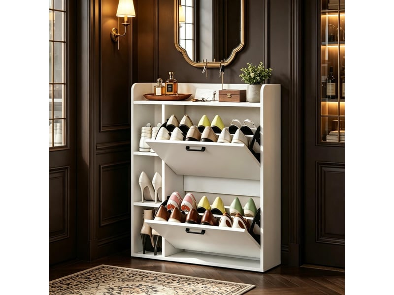  Meuble à chaussures 83l x 24p x 90.5h cm en panneaux de particules avec 2 compartiments basculants blanc chicfurn  - Conforama E