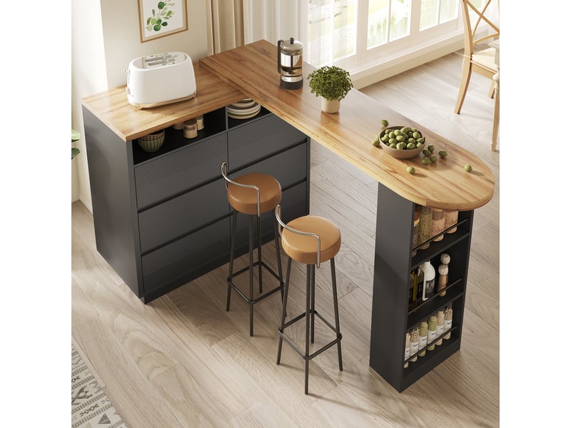 Desserte cuisine, îlot central sur roulettes avec plan de travail, plateau extensible, 6 tiroirs, dimensions 137 à 215 x 39 x 102,3 cm, mdf, noir - Conforama D