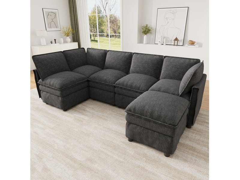 Canapé modulable tcqpz xxl 6 places avec fonction couchage forme u ou l chenille gris 344 x 127 x 91 cm - Conforama D