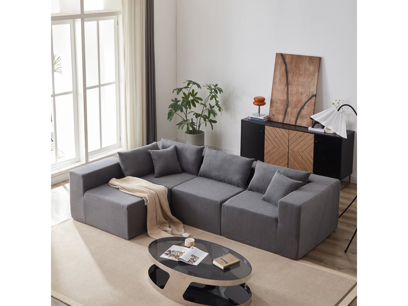  Canapé d'angle compressée en l en velours côtelé,264x167x71cm,canapé modulaire 4 pièces en mousse,sans montage,gris  - Conforama B