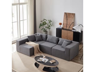 Canapé d'angle compressée en l en velours côtelé,264x167x71cm,canapé modulaire 4 pièces en mousse,sans montage,gris