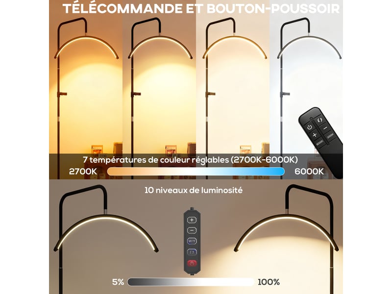  Lampadaire led demi-lune rotative 350°, lampadaire sur pied salon dimmable 36 w, noir, 7 températures de couleur  - Conforama E