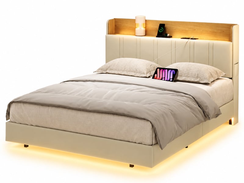  Lit flottant rembourré 140x190 avec sommier, cadre de lit double avec led et usb, tête de lits avec rangement, pu beige  - Conforama A