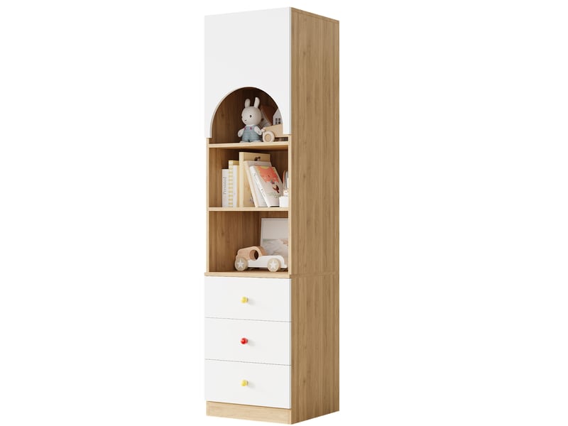 Bibliothèque 50 x 50 x 200 cm avec porte arquée, trois tiroirs et trois étagères, blanc et aspect bois - Conforama A