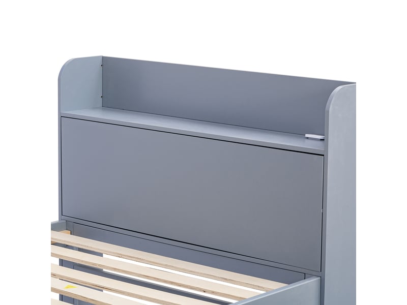  Lit gigogne 90x190 cm 2 en 1 avec tête rangement et 2 tiroirs, bois, gris, sans matelas  - Conforama E