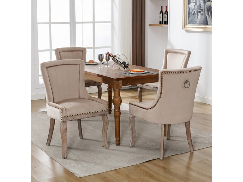  Chaise de salle à manger lot de 4 avec dossier rembourré et clous décoratifs, en velours beige et bois  - Conforama D