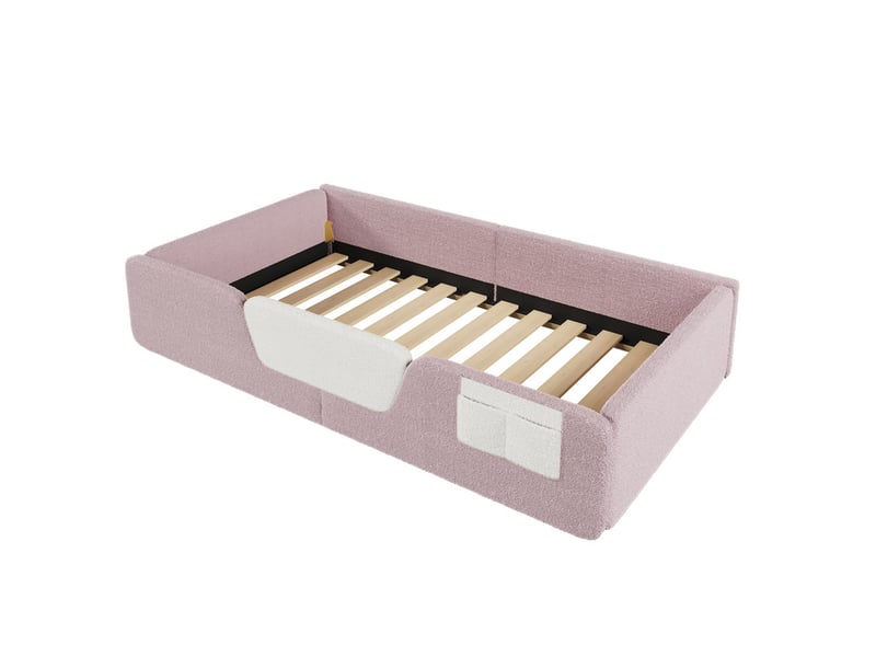 Lit enfant, 90 x 190 cm, barrières de sécurité amovibles, poche de rangement intégrée en tissu, revêtement en velours, rose - Conforama A