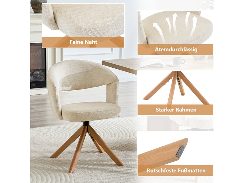  Lot de 2 chaises de salle à manger pivotantes 360°, 58,5x47,5x81,5 cm, dossier incurvé, tissu texturé et bois, blanc crème  - Conforama E