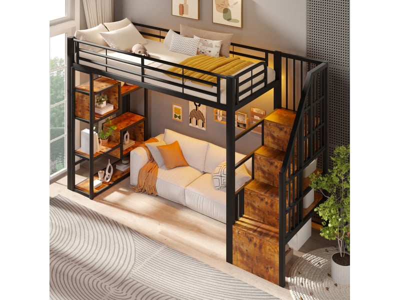  Lit mezzanine 90x200 cm, escalier intégré, rangements ouverts, led multicolore, métal et mdf noir, sans matelas  - Conforama B