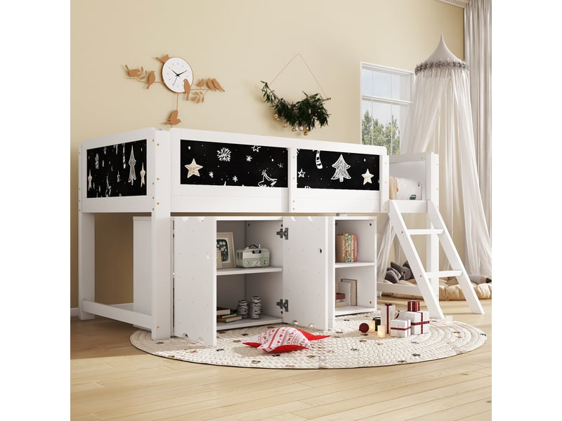  Lit surélevé enfant 90x200 cm, pin et mdf, rangements, tableau à craie et sécurité  - Conforama D
