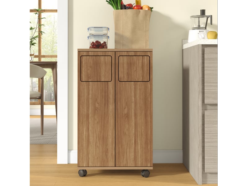  Meuble de tri des déchets 46,7x35x80 cm naturel mdf, 2 compartiments à roulettes pour cuisine et salle à manger  - Conforama B