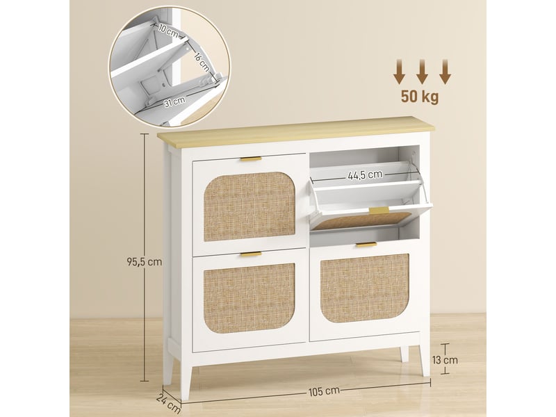  Meuble à chaussures 20 paires bohème avec 4 tiroirs rabattables, portes effet cannage rotin, blanc, 105 x 24 x 95,5 cm  - Conforama C