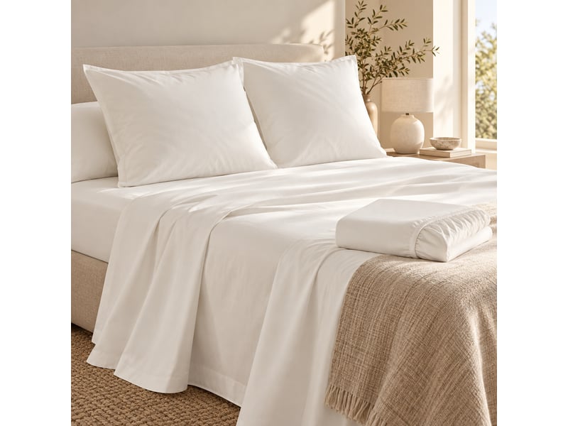  Ensemble literie 4 pièces drap plat 240 x 300 cm + drap housse 140x190 cm + 2 taies 63x63 cm percale 78 fils blanc  - Conforama A