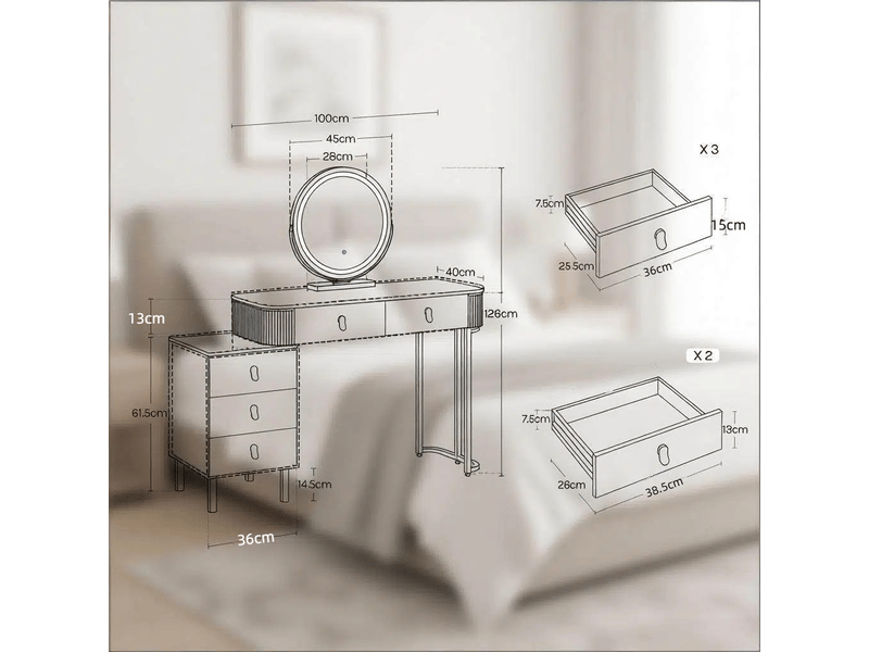  Coiffeuse 5 tiroirs avec miroir led réglable pour chambre 125×40×100 cm en mdf blanc et marron  - Conforama D